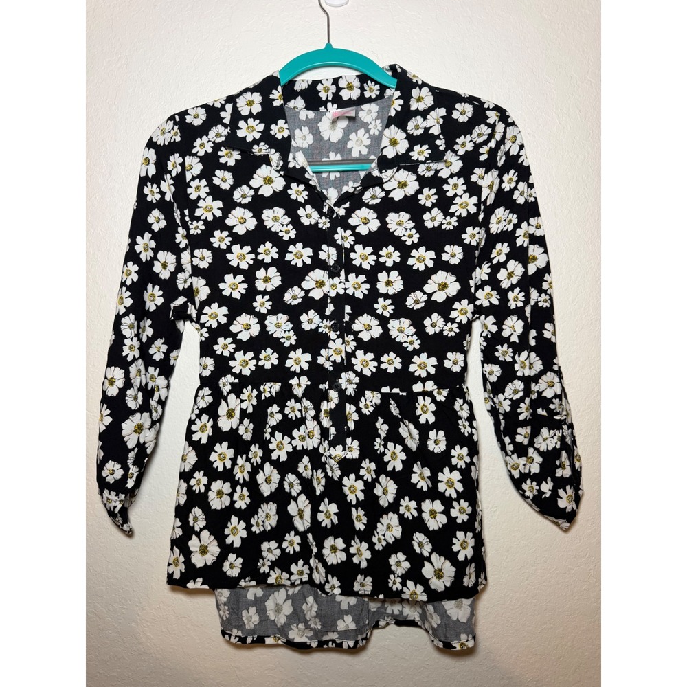 No Boundaries Daisy Floral Button Front Peplum Top Black White Medium 7-9